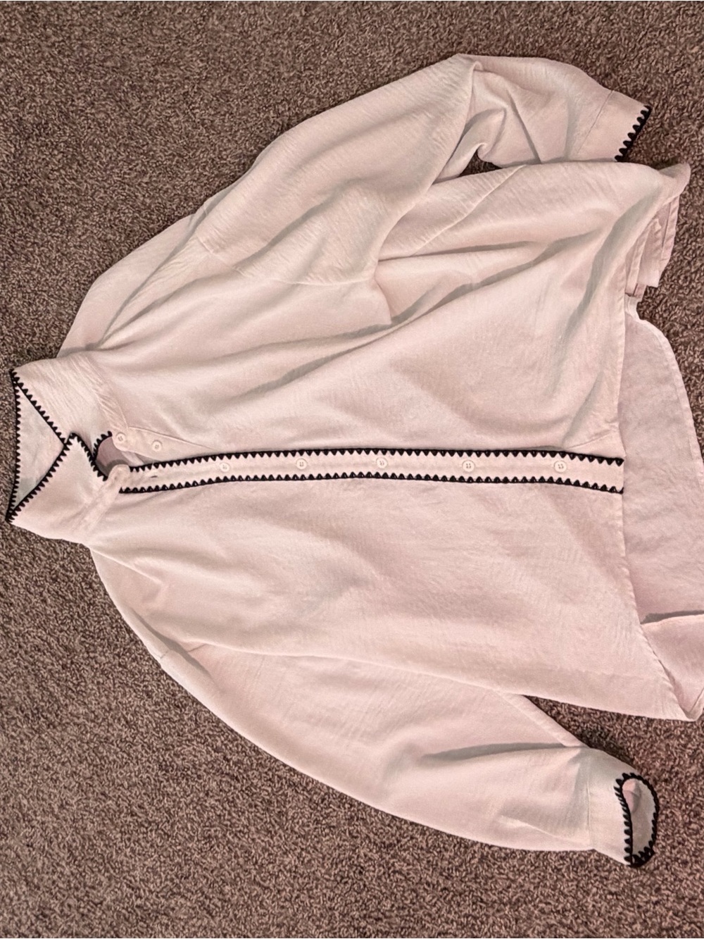 High/low White Button-Up blouse  with Black Trim